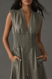 Grey V Neck Sleeveless Pocket Zipper Casual Formal Office Lady Leather Maxi Dresses