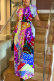 White Graphics Print V Neck Short Sleeve Casual Vacation Wide Leg Jumpsuits