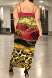Leopard Chain Print U Neck Sleeveless Plus Size Bodycon Maxi Slip Dresses
