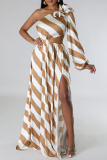 Striped Print Oblique Collar One Long Sleeve Backless Slit Ruffle Trim Vacation Casual Maxi Dresses
