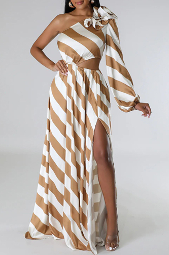 Striped Print Oblique Collar One Long Sleeve Backless Slit Ruffle Trim Vacation Casual Maxi Dresses