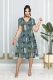 Grey Ombre Print Patchwork V Neck Short Sleeve Vacation Casual Pleated Midi Flowy Dresses