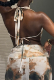 White Gray Graphics Print Backless Deep V Neck Sleeveless Strap Design Crop Tops And Maxi Skirt Two Pieces Dress Sets