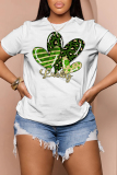 Leopard Letter Shamrock Four Leaf Clover Print O Neck Short Sleeve Casual Oversize T-Shirts