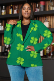 Ice Grass Green Shamrock Four Leaf Clover Print Buttons Turn-back Collar Long Sleeve Formal Office Casual Blazer Jackets