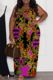 Multicolor Graphics Print Backless Spaghetti Strap Floor Length Long Plus Size Baggy Vacation Maxi Slip Dresses