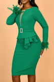 Green Feathers O Neck Long Sleeve Formal Office Lady Bodycon Midi Dresses
