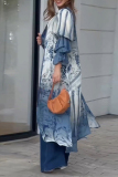 Blue Ombre Floral Print Cardigan Collar Pile Up Sleeves Longline Shirt Tops