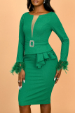 Green Feathers O Neck Long Sleeve Formal Office Lady Bodycon Midi Dresses
