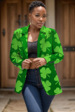 Dark Green Shamrock Four Leaf Clover Print Buttons Turn-back Collar Long Sleeve Formal Office Casual Blazer Jackets