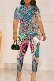 White Graphcis Print Round Neck Short Sleeve T-shirt And Skinny Pants Two Pieces Trouser Sets