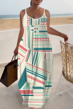 Multicolor Graphics Print Backless Sleeveless Spaghetti Strap Floor Length Long Baggy Vacation Maxi Slip Dresses