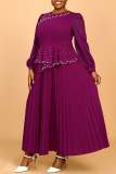 Purple Beading Lantern Sleeve O Neck Formal Office Lady Casual Pleated Maxi Dresses