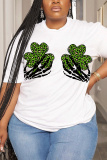 White Green Letter Shamrock Four Leaf Clover Print O Neck Short Sleeve Casual Oversize T-Shirts