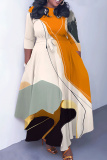 Light Blue Graphics Print O Neck 3/4 Sleeve Belted Pockets Long Vacation Casual Pleated A Line Maxi Dresses
