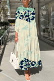 Multicolor Graphics Print O Neck 3/4 Sleeve Long Loose Vacation Casual Pleated Maxi Dresses