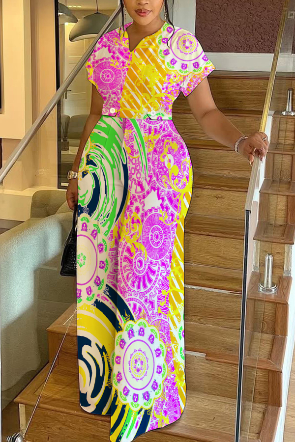 White Graphics Print V Neck Short Sleeve Casual Vacation Wide Leg Jumpsuits