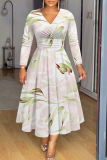 Brown Floral Print Patchwork V Neck Long Sleeve Vacation Casual Pleated Maxi Flowy Dresses