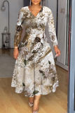 Brown Floral Print Patchwork V Neck Long Sleeve Vacation Casual Pleated Maxi Flowy Dresses