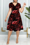Multicolor Floral Print Patchwork V Neck Short Sleeve Vacation Casual Pleated Midi Flowy Dresses