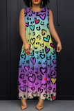 Dark Purple Graphics Print Sleeveless O Neck Casual Vacation Maxi Tank Dresses