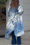 Blue Ombre Floral Print Cardigan Collar Pile Up Sleeves Longline Shirt Tops
