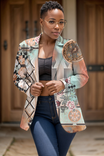 Multicolor Graphics Print Buttons Turn-back Collar Long Sleeve Formal Office Casual Blazer Jackets