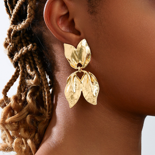 Glod Casual Metal Water Drop Bow Tassel Leaves Earrings