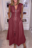 Grey V Neck Sleeveless Pocket Zipper Casual Formal Office Lady Leather Maxi Dresses