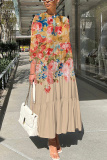 Multicolor Graphics Print O Neck 3/4 Sleeve Long Loose Vacation Casual Pleated Maxi Dresses