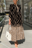 Multicolor Graphics Print O Neck 3/4 Sleeve Long Loose Vacation Casual Pleated Maxi Dresses