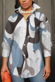 Dark Khaki Graphcis Print Shirt Collar Long Sleeve Buttons Slit Casual Vacation Shirt Tops