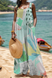 Rose Red Blue Graphics Print Sleeveless Backless Spaghetti Strap Buttons Casual Vacation Wide Leg Jumpsuits