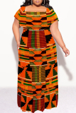 Yellow Blue Geometric Print Off Shoulder Ruffle Sleeve Casual Outing Plus Size Vacation Loose Fit Maxi Dresses