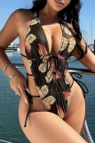 Black Butterfly Print Hollow Out Backless Cross Straps One Piece Swimsuit Vacation Beach Swimwears(With Paddings)