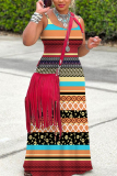Red Boho Graphics Print Backless Sleeveless Spaghetti Strap Floor Length Long Baggy Vacation Maxi Slip Dresses
