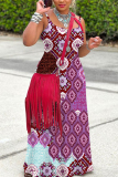 Red Boho Graphics Print Backless Sleeveless Spaghetti Strap Floor Length Long Baggy Vacation Maxi Slip Dresses