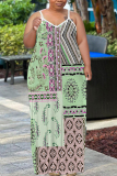 Green Graphics Print Backless Sleeveless Spaghetti Strap Floor Length Long Baggy Vacation Maxi Slip Dresses