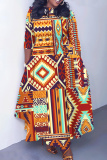 Multicolor Graphics Print O Neck 3/4 Sleeve Belted Pockets Long Vacation Casual Pleated A Line Maxi Dresses