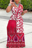 Red Boho Graphics Print Backless Sleeveless Spaghetti Strap Floor Length Long Baggy Vacation Maxi Slip Dresses
