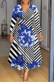 Brown Floral Print Patchwork V Neck Long Sleeve Vacation Casual Pleated Maxi Flowy Dresses