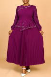 Purple Beading Lantern Sleeve O Neck Formal Office Lady Casual Pleated Maxi Dresses