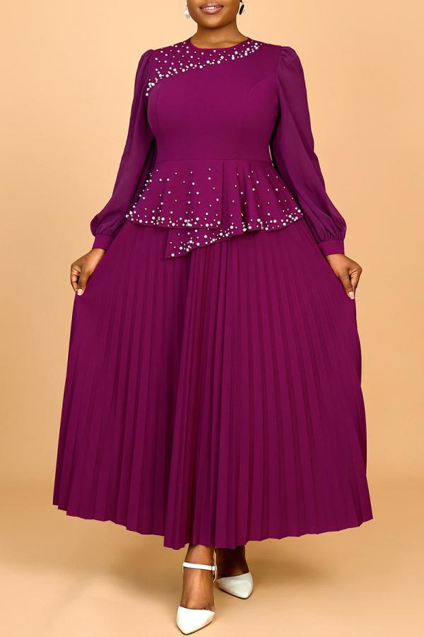 Purple Beading Lantern Sleeve O Neck Formal Office Lady Casual Pleated Maxi Dresses