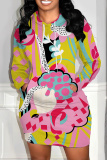 Dark Pink Graphcis Print Hooded Long Sleeve Pockets Casual Mini Sweatshirt Dresses