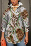 Brown Leopard Print Shirt Collar Long Sleeve Buttons Slit Casual Vacation Shirt Tops