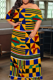Yellow Blue Geometric Print Off Shoulder Ruffle Sleeve Casual Outing Plus Size Vacation Loose Fit Maxi Dresses