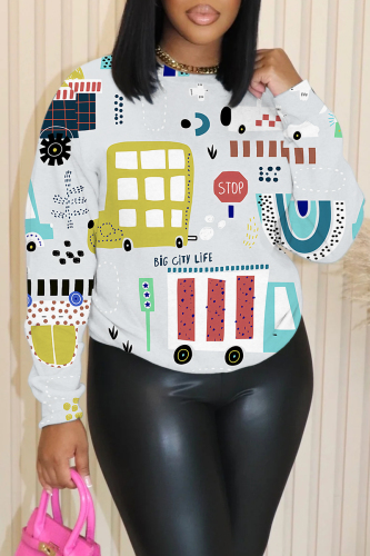 Light Gray Cartoons Print O Neck Long Sleeve Fall Winter Casual Sweatshirt Tops