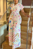 White Graphics Print V Neck Short Sleeve Casual Vacation Wide Leg Jumpsuits