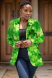 Dark Green Shamrock Four Leaf Clover Print Buttons Turn-back Collar Long Sleeve Formal Office Casual Blazer Jackets