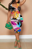 Pink Graphics Print Sleeveless U Neck Casual Outing Plus Size Bodycon Midi Vest Dresses